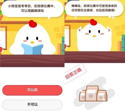 小鸡宝宝考考你，在排球比赛中，可以用脚踢球吗？