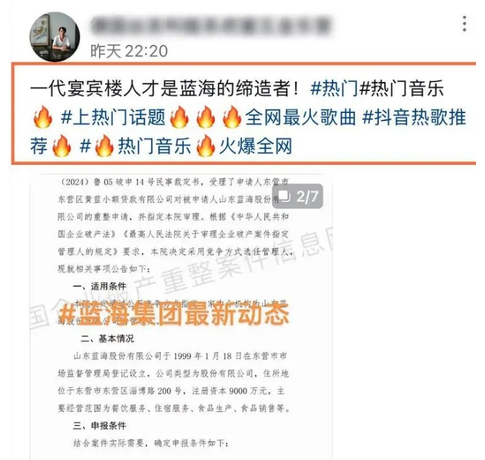 曝蓝海进入破产重整程序 曝蓝海进入破产重整程序