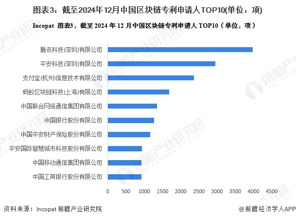 图表3：截至2024年12月中国区块链专利申请人TOP10(单位：项)